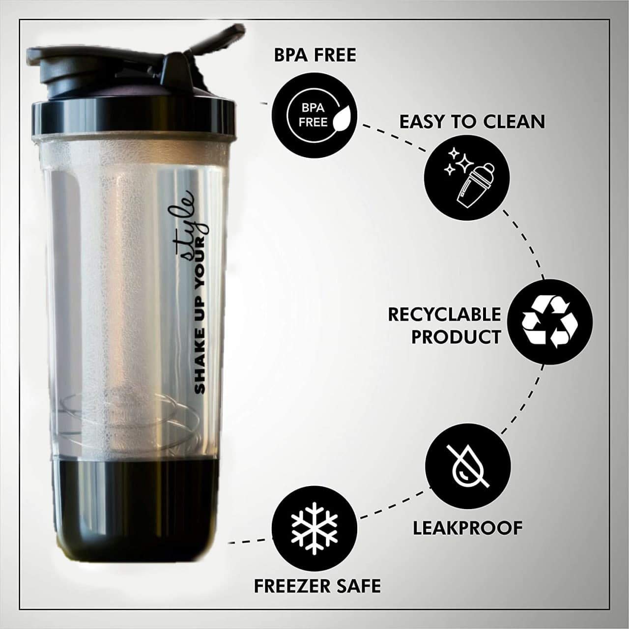 Leak Proof BPA Free Material 600ml Protein Shaker Bottle for Protein Mix with Storage Compartment and Stainless Steel Blender Ball for Pre/Post Workout Drinks, Gym