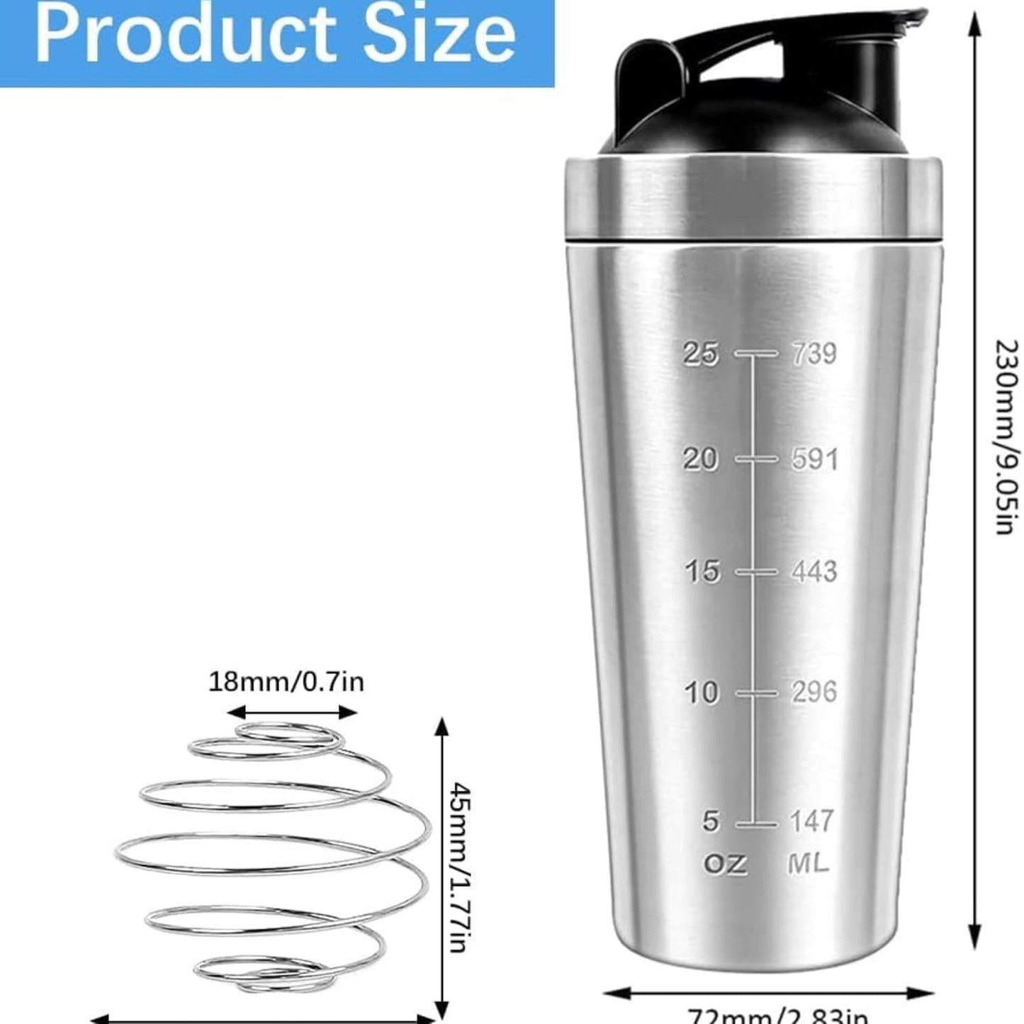 Stainless Steel Protein Shaker Bottle, 750 ML, with Measurement Markings, Leak-proof Design