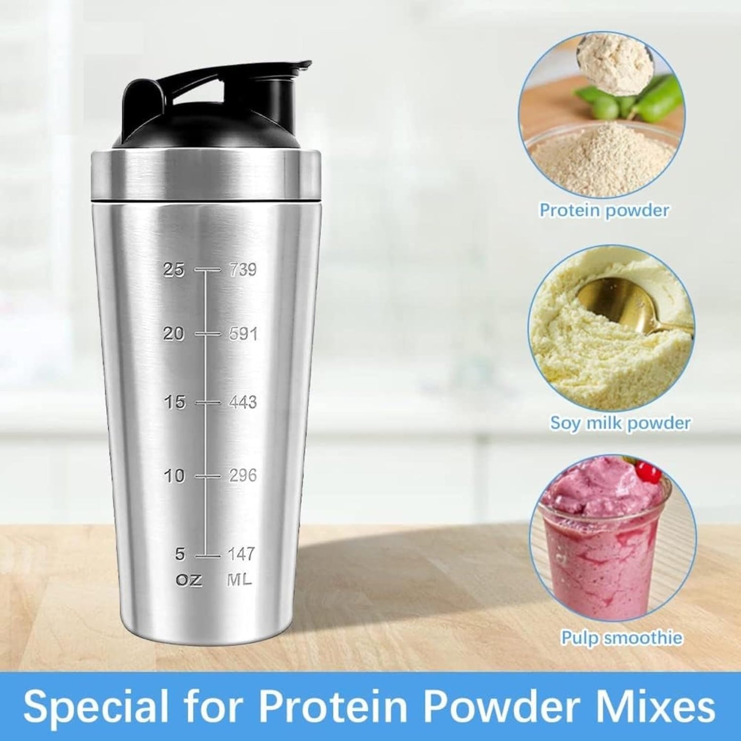 Stainless Steel Protein Shaker Bottle, 750 ML, with Measurement Markings, Leak-proof Design
