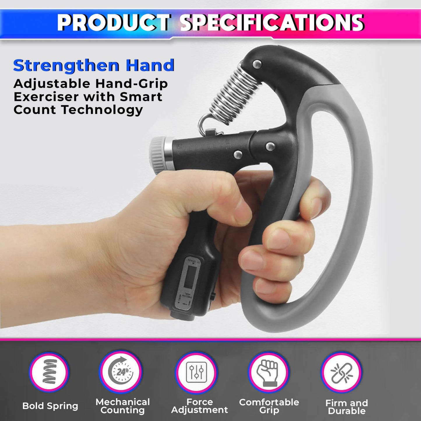 LeanNation’s Adjustable Hand-Grip Exerciser with Digital LCD Counter, 4mm Carbon Steel, Wrist and Forearm Strengthning for Men and Women