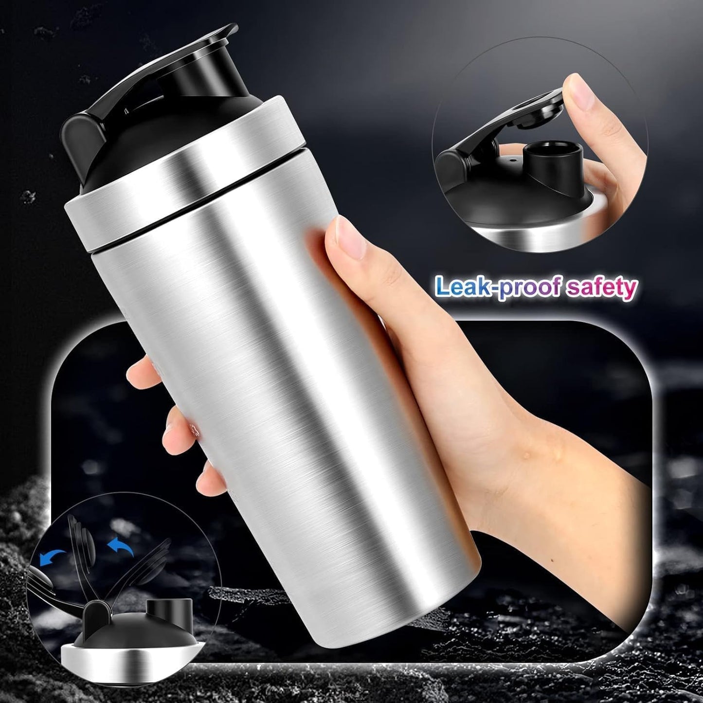 Stainless Steel Protein Shaker Bottle, 750 ML, with Measurement Markings, Leak-proof Design