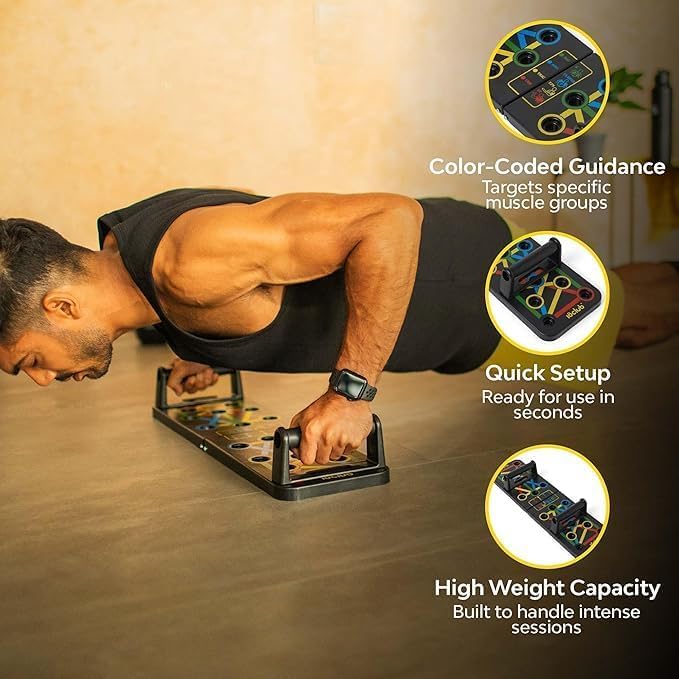 Push Up Board System with Colour-Coded Exercise Guide, Home Gym Strength Training Equipment