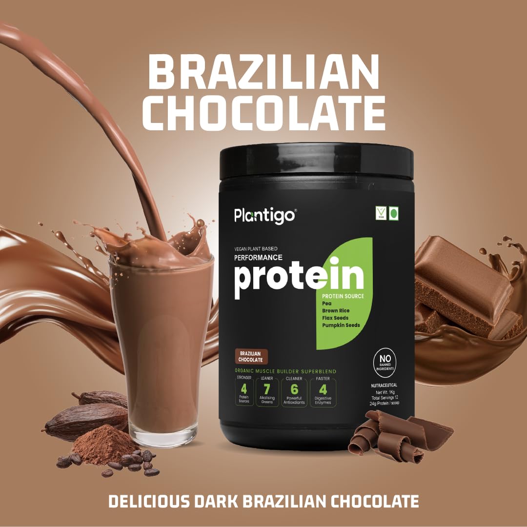 Plantigo Clean Protein Powder Men & Women | 24g Plant Protein, 4.4g BCAA, 2g Leucine, 4g Fiber | No Sugar, No Dairy, No Preservatives | Swiss Chocolate 500g