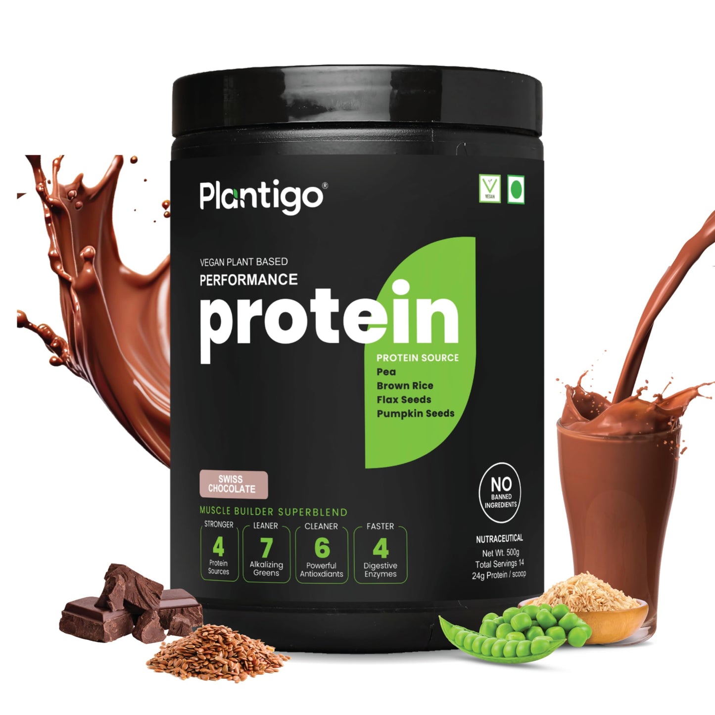 Plantigo Clean Protein Powder Men & Women | 24g Plant Protein, 4.4g BCAA, 2g Leucine, 4g Fiber | No Sugar, No Dairy, No Preservatives | Swiss Chocolate 500g