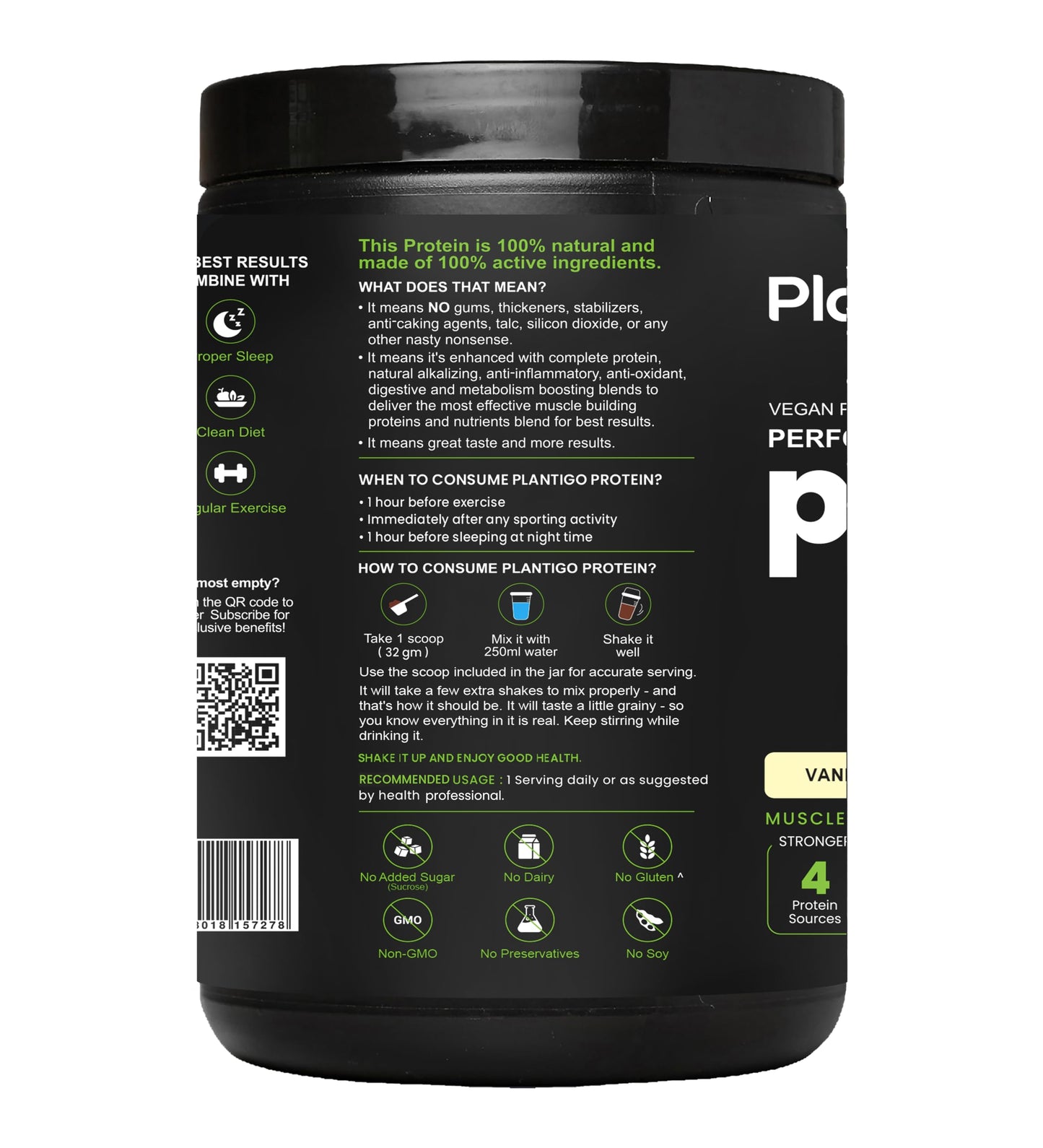 Plantigo Clean Protein Powder Men & Women | 24g Plant Protein, 4.4g BCAA, 2g Leucine, 4g Fiber | No Sugar, No Dairy, No Preservatives | Swiss Chocolate 500g