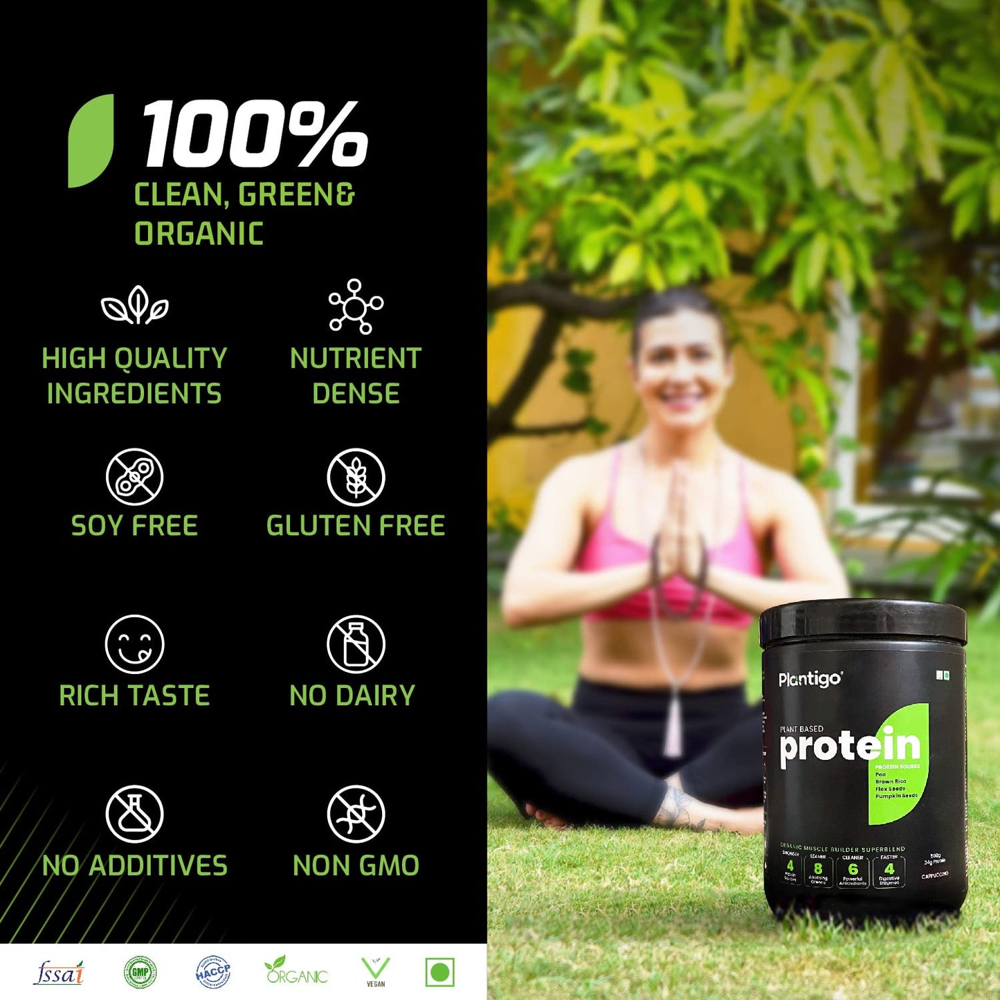 Plantigo Clean Protein Powder Men & Women | 24g Plant Protein, 4.4g BCAA, 2g Leucine, 4g Fiber | No Sugar, No Dairy, No Preservatives | Swiss Chocolate 500g