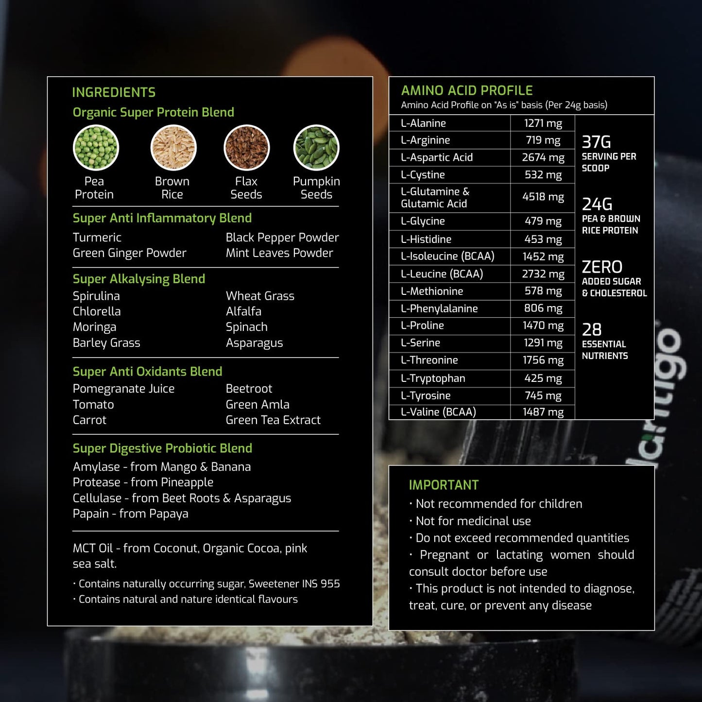 Plantigo Clean Protein Powder Men & Women | 24g Plant Protein, 4.4g BCAA, 2g Leucine, 4g Fiber | No Sugar, No Dairy, No Preservatives | Swiss Chocolate 500g