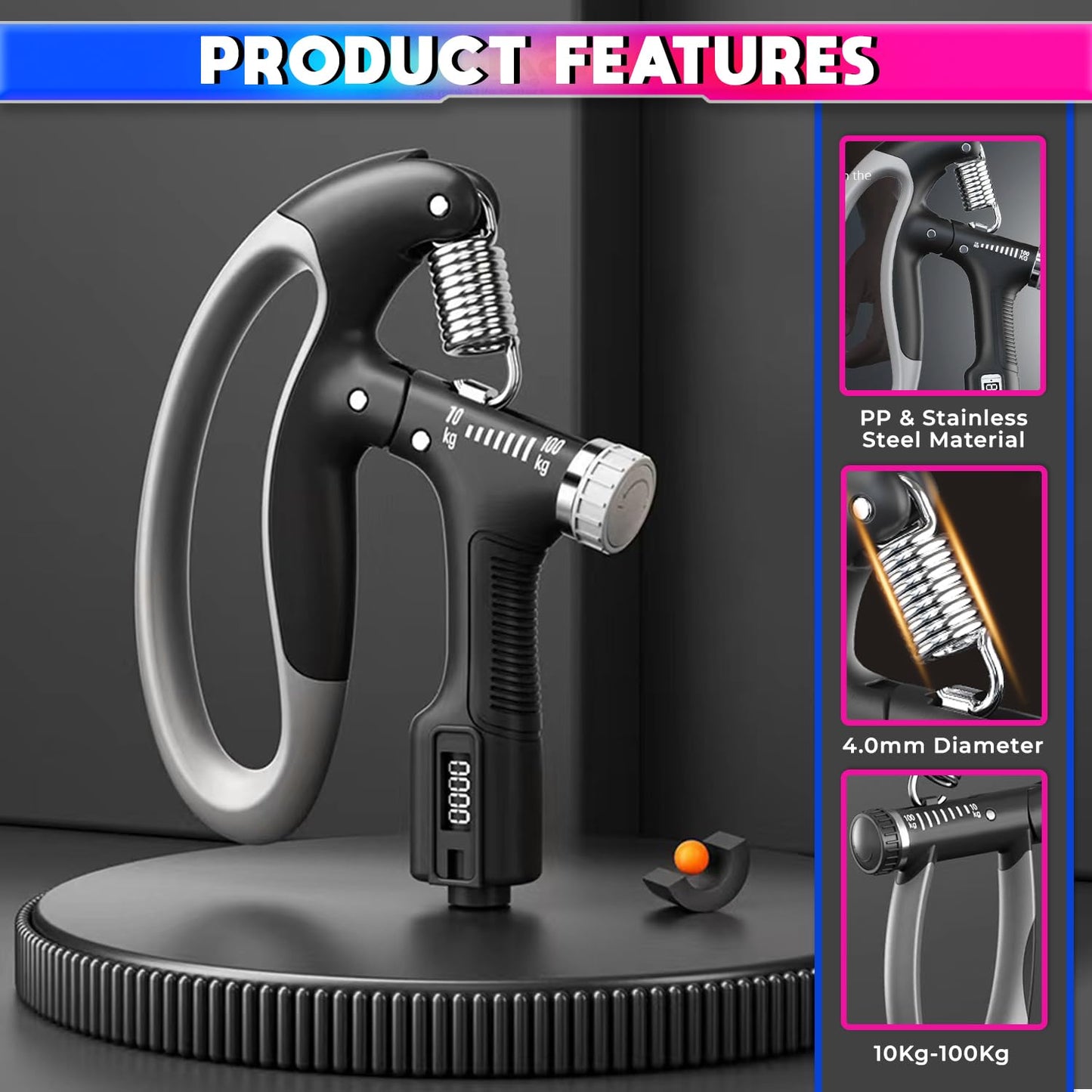 LeanNation’s Adjustable Hand-Grip Exerciser with Digital LCD Counter, 4mm Carbon Steel, Wrist and Forearm Strengthning for Men and Women