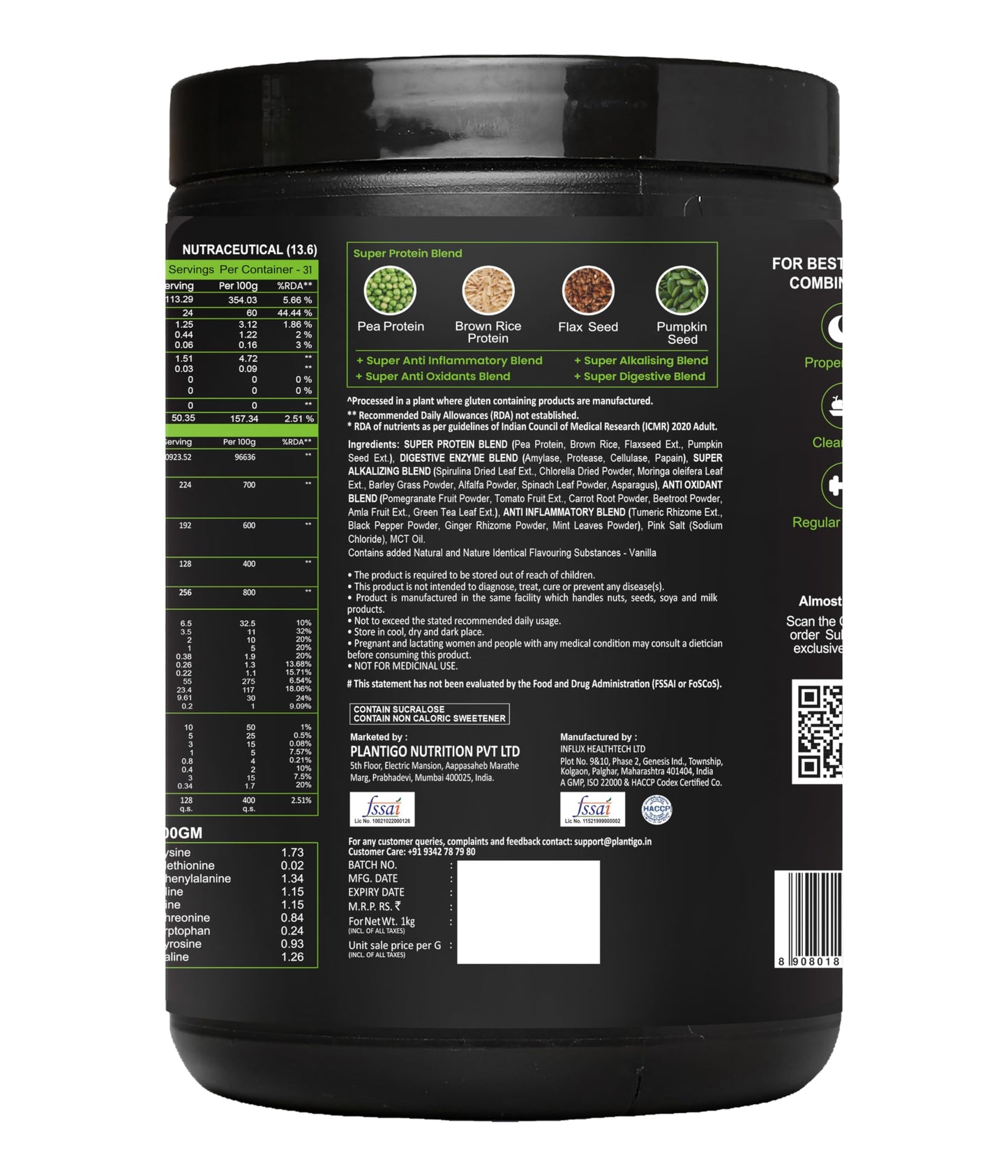Plantigo Clean Protein Powder Men & Women | 24g Plant Protein, 4.4g BCAA, 2g Leucine, 4g Fiber | No Sugar, No Dairy, No Preservatives | Swiss Chocolate 500g