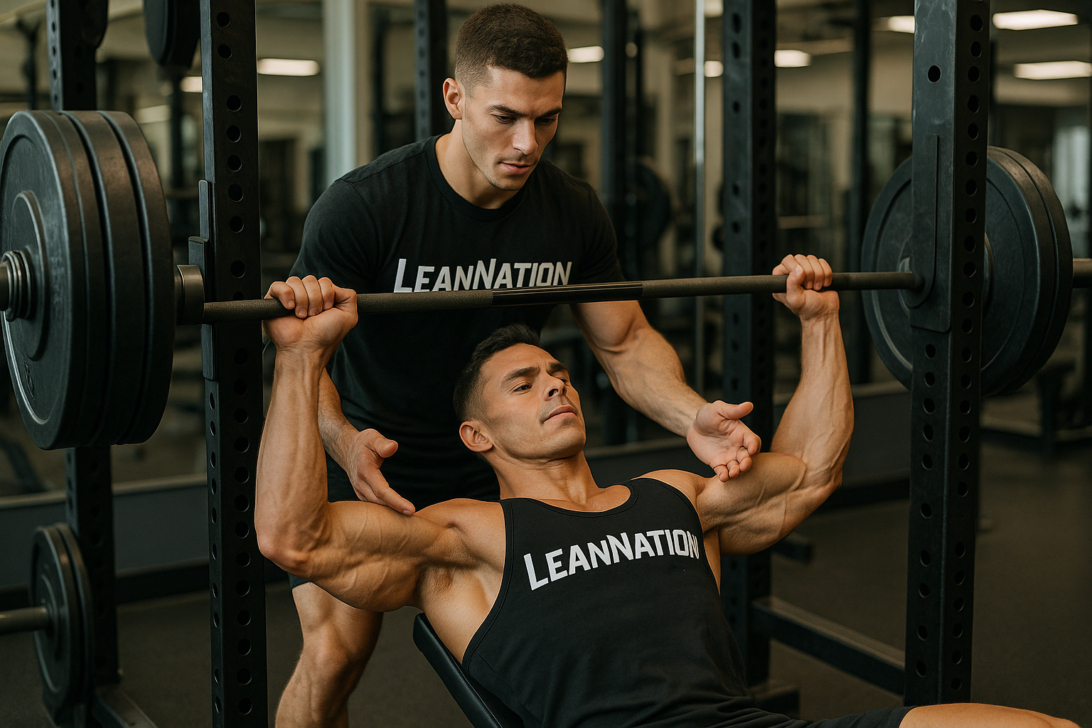 A simple image of two natural bodybuilding athletes wearing gym apparel which as LeanNation name on their  apparel pushing themselves and supporting each other in the Gym